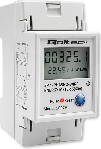 Matës konsumit energjie njëfazore Qoltec 50979, DIN TH35, 230V 60A, LCD/LED, RESET, 2P, gri