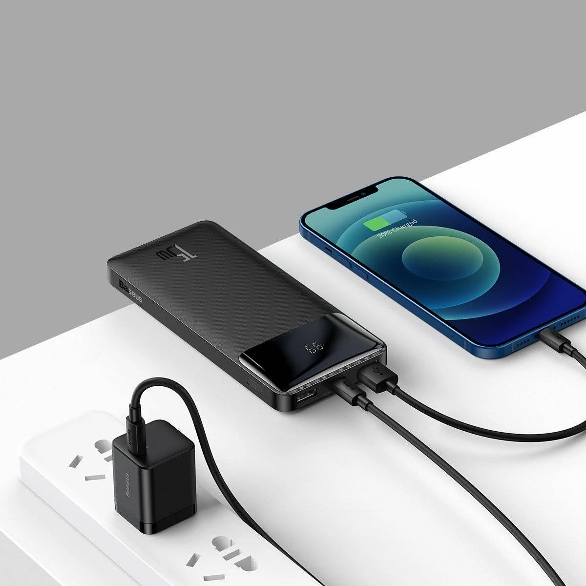 Powerbank Baseus Bipow 10000mAh 15W me ekran digjital, e zezë, me kabllo MicroUSB/USB-A