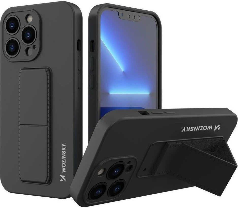 Mbështjellës Wozinsky Kickstand Case për iPhone 13 mini, silikon, me mbajtëse, i zi