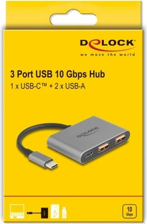 USB hub DeLOCK 3 porta, Type-C në 1x Type-C + 2x Type-A, 10 Gbps, gri