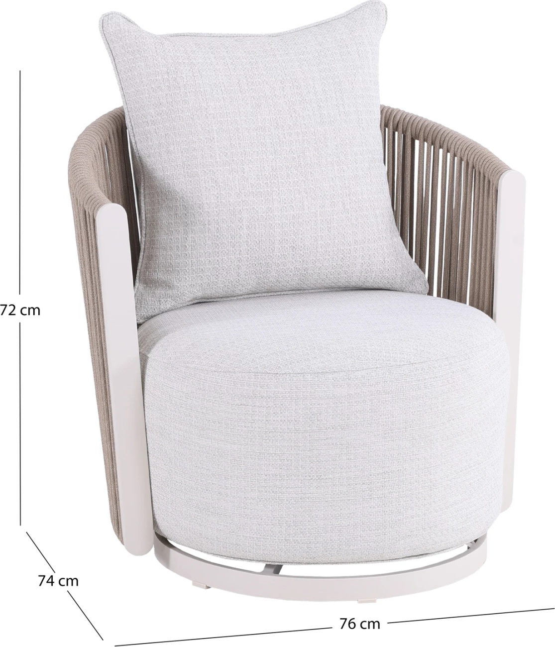 Karrige lounge rrotulluese LORIEN, alumin ngjyrë fildishi, litar, jastëkë bezhë, CD6392.01, 76x74x72cm