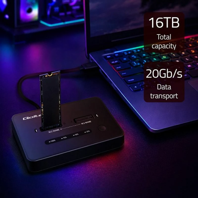 Stacion docking SSD Qoltec M.2 NVMe, USB-C, 20Gb/s, dual 2x8TB