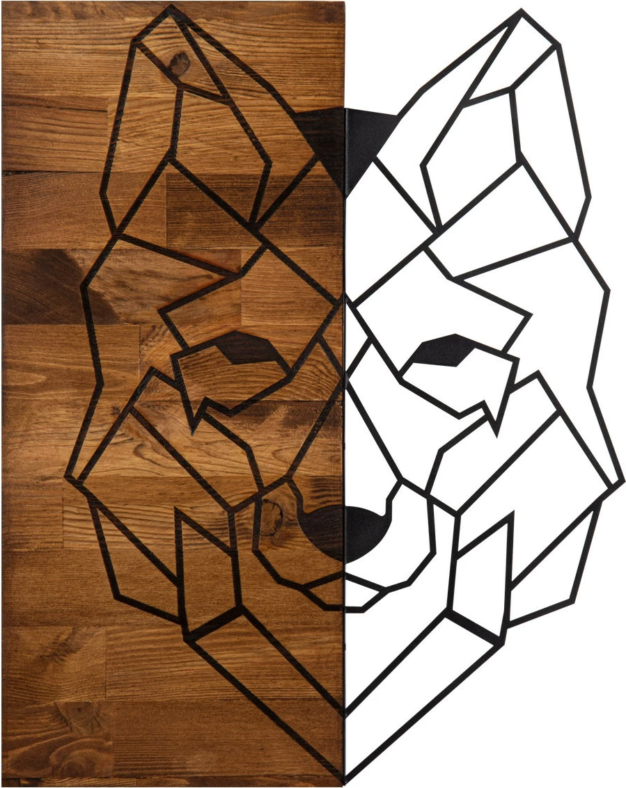Aksesor dekorativ për mur, dru dhe metal, dizajn ujku, Wallity, ngjyrë e zezë dhe arre, 45.5x58cm