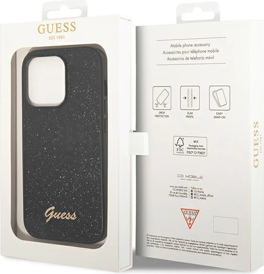 Mbështjellës Guess GUHCP14LHGGSHK për iPhone 14 Pro 6.1", Glitter Script, i fortë, i zi