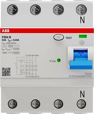 Ndërprerës diferencial ABB F204B-63/0,03, 4P, 63A, 30mA, gri