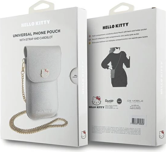 Mbështjellës Hello Kitty Leather Metal Logo Chain për celular, lëkurë artificiale, argjend