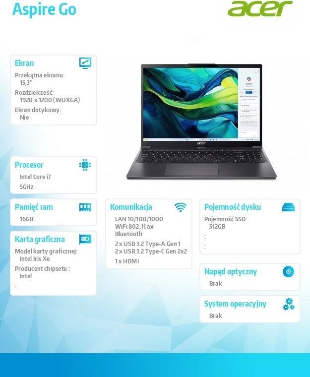 Laptop Acer Aspire Go 15 AG15-51P-78K5 i7-1355U 15.3" WUXGA 16GB RAM 512GB SSD pa OS gri