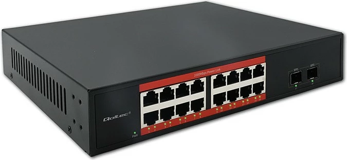 Switch PoE Gigabit, Qoltec 52364, 16x RJ45 10/100/1000, 2x SFP 1Gbps, Plug & Play