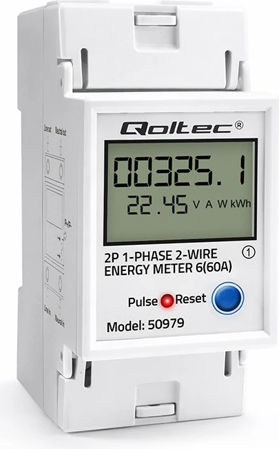 Matës konsumit energjie njëfazore Qoltec 50979, DIN TH35, 230V 60A, LCD/LED, RESET, 2P, gri