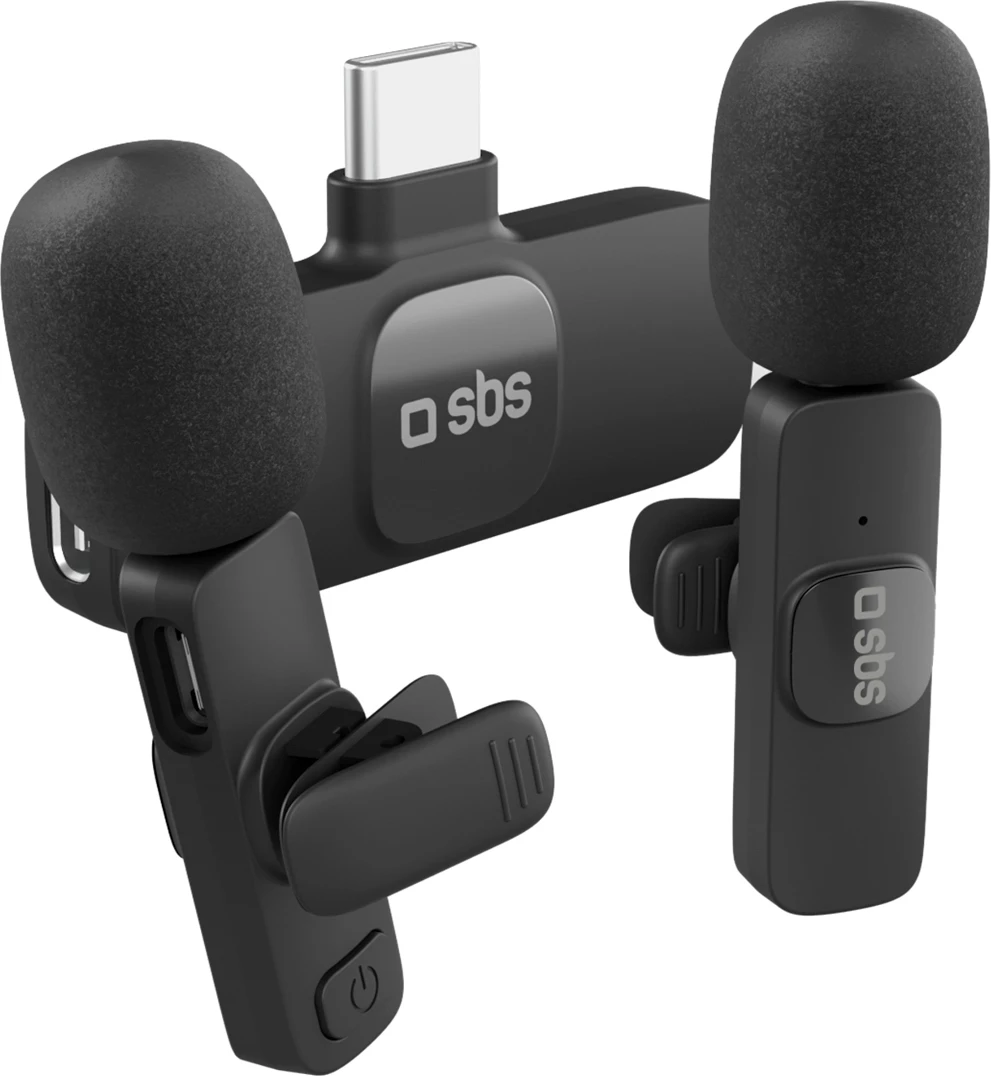 Kit mikrofonë pa tela, SBS, me marrës USB-C, për incizim video/audio, set 2-copë, e zezë