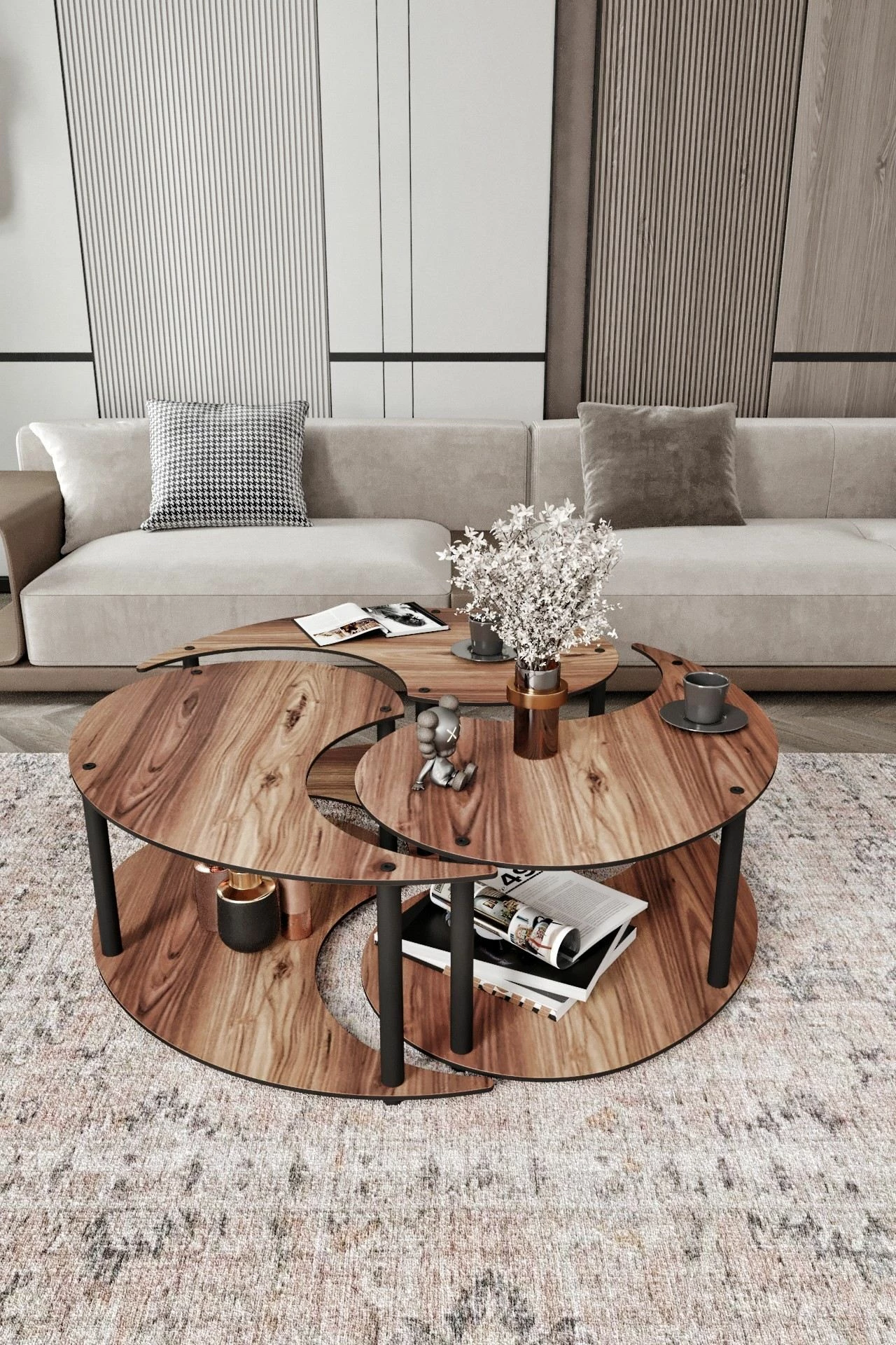 Set tavolinash kafeje Hanah Home, Yin Yang, 3 copë, ngjyrë arre, 70cm