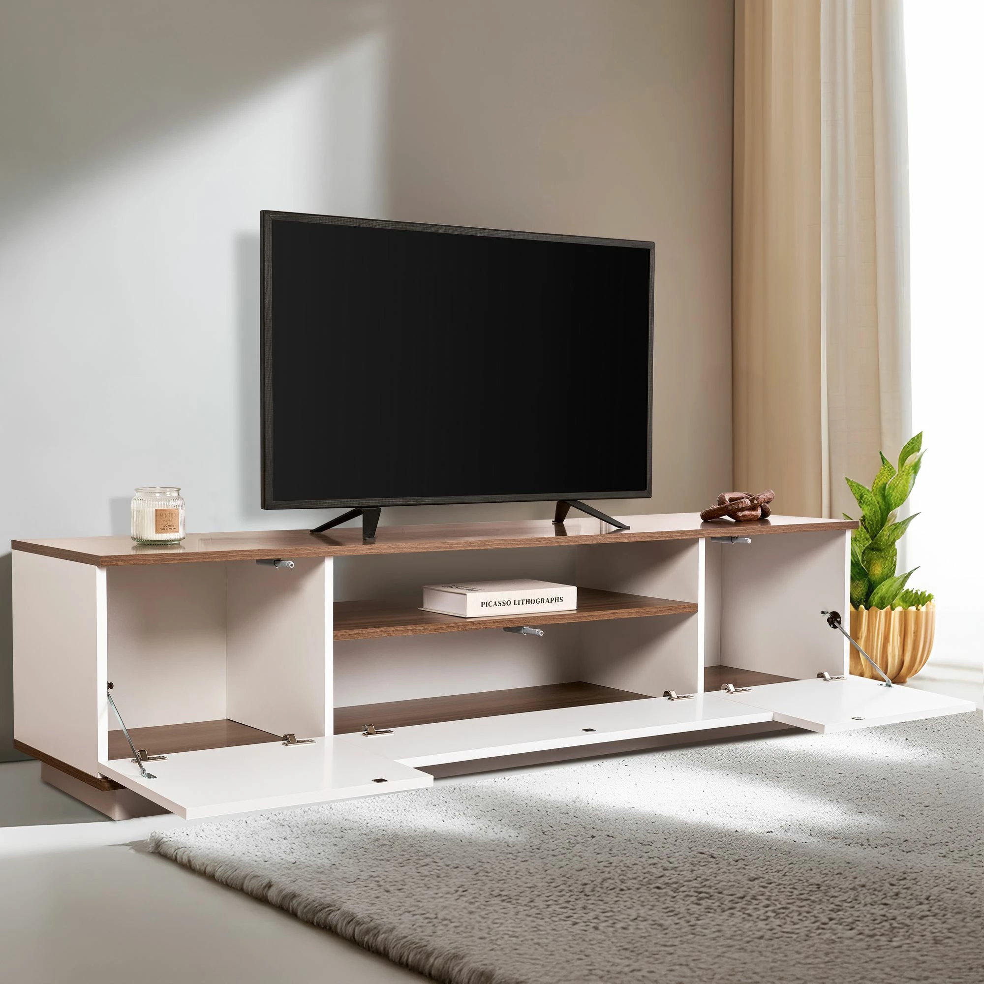 Komodë TV Skye Decor, Veramont, e bardhë dhe arre