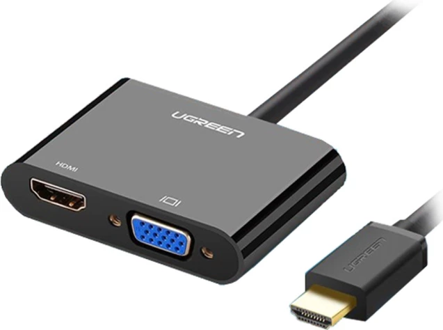 Adapter HDMI në VGA+HDMI UGREEN 40744, 4K/30Hz, audio 3.5mm, Micro USB 5V, kabllo 30cm, i zi, në kuti