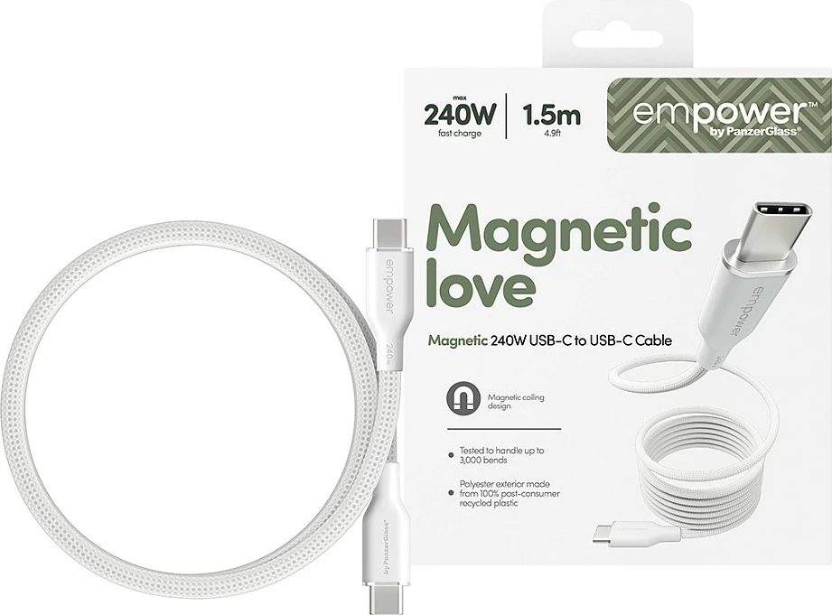 Kabllo USB-C në USB-C PanzerGlass empower Magnetic, 240W, USB 2.0, 1.5m, e bardhë