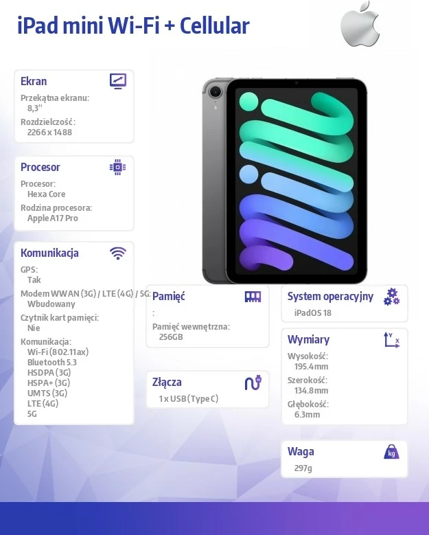 Tablet Apple iPad mini MXPT3HC/A Wi‑Fi + Cellular 256GB 8.3'' 5G gri hapësinor