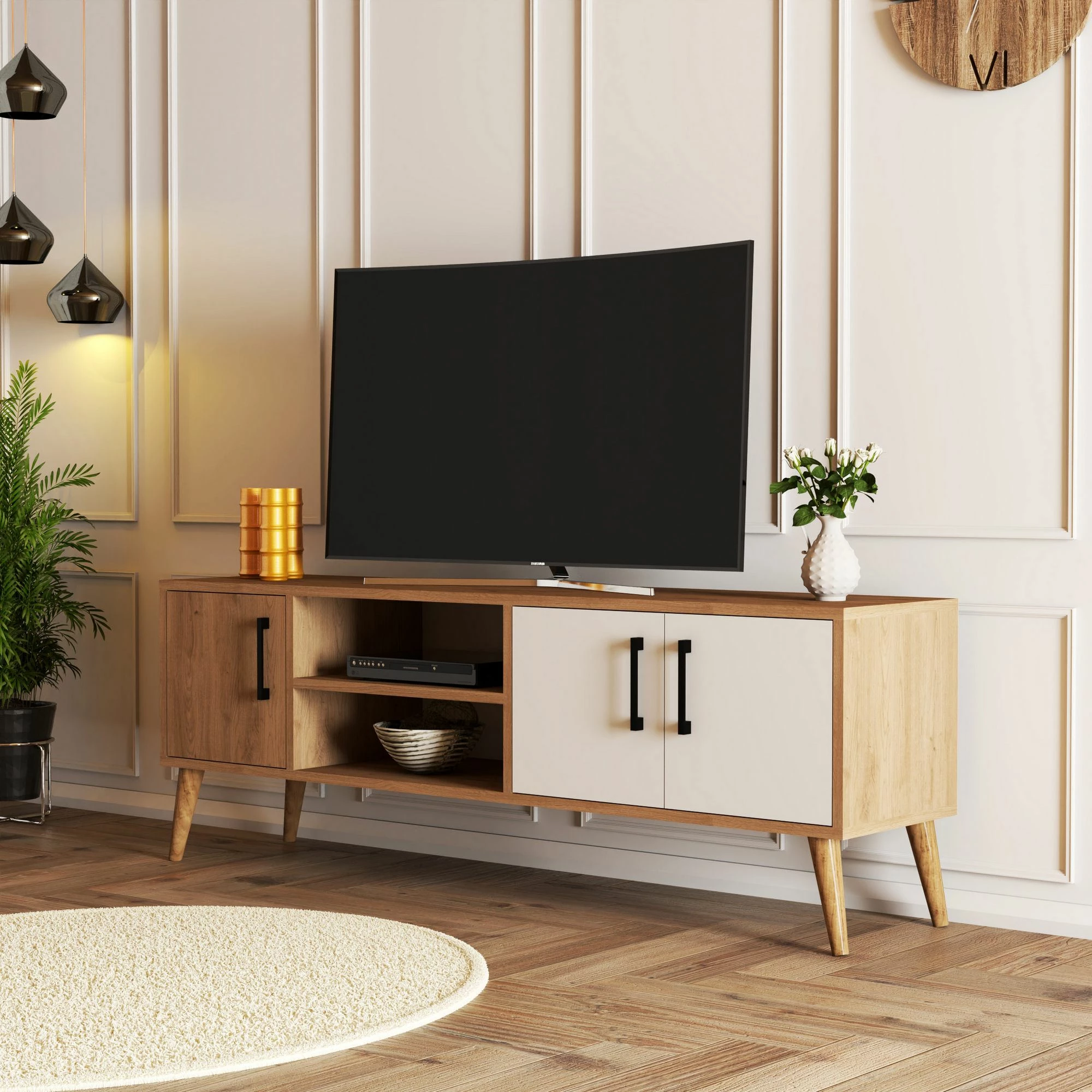Komodë TV Exxen, ngjyrë lis dhe e bardhë, 150x52x34 cm