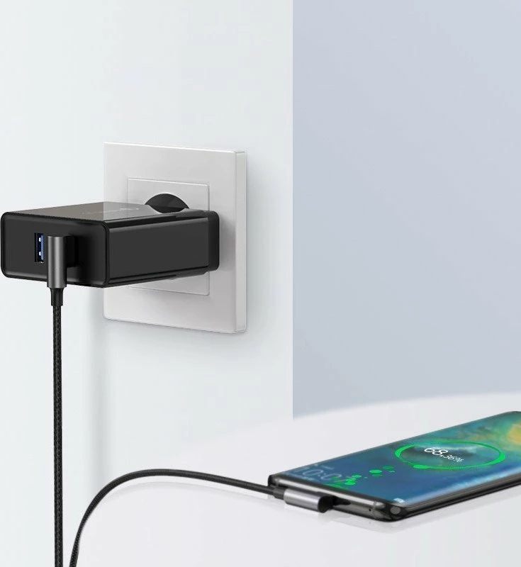 Kabllo USB-A në USB-C Ugreen 20855B 0.5 m Quick Charge 3.0 prizë 90° 3A e gërshetuar, e zezë