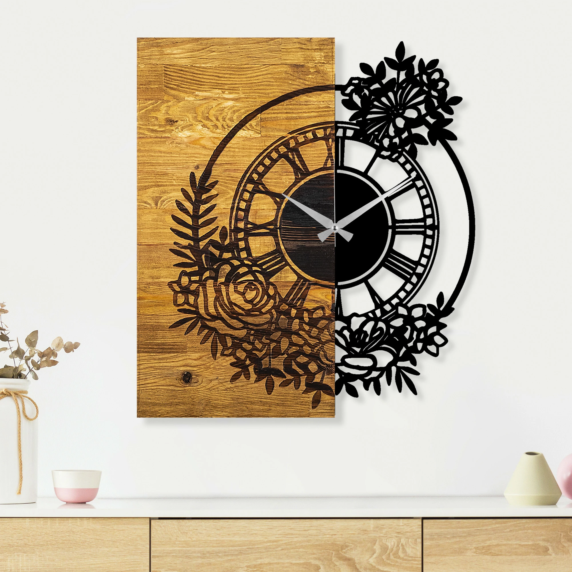 Orë muri dekorative prej druri, Wallity, ngjyrë arre dhe e zezë, 58x3x51cm