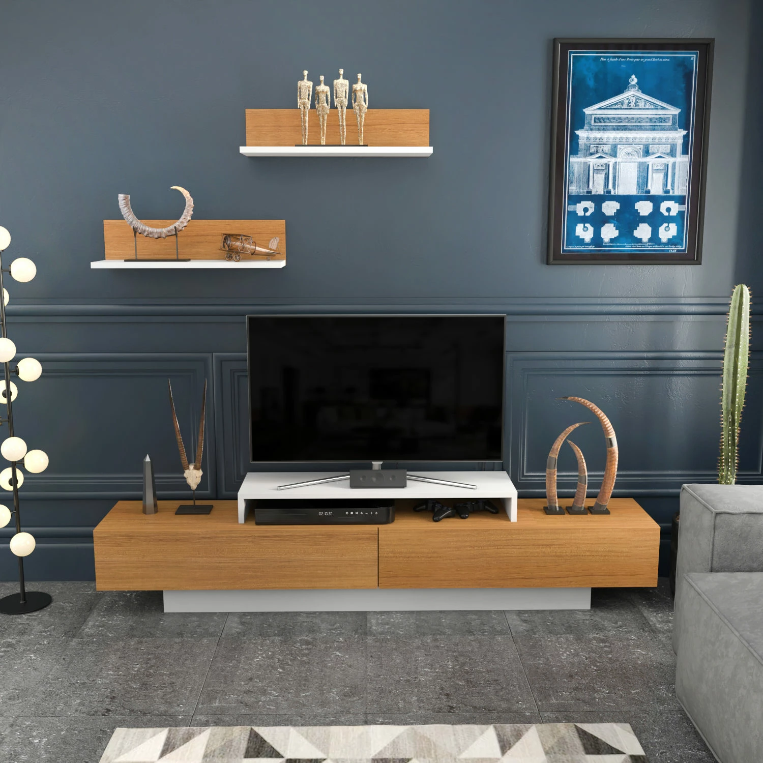 Komodë TV Skye Decor, Lusi, e bardhë dhe dru tik