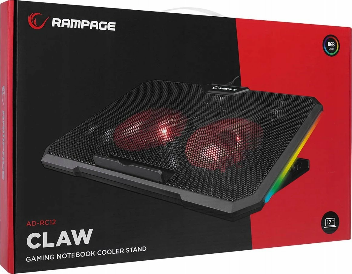 Mbajtës ftohës për laptop Rampage AD-RC12 GameZone, 2x120mm, RGB, 2x USB 2.0, 15-17\", i zi, me kabllo USB