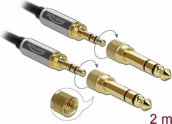 Kabllo audio stereo DeLOCK 85786, 3.5mm mashkull-mashkull, 2 m, me adapter 6.35mm, zi/gri