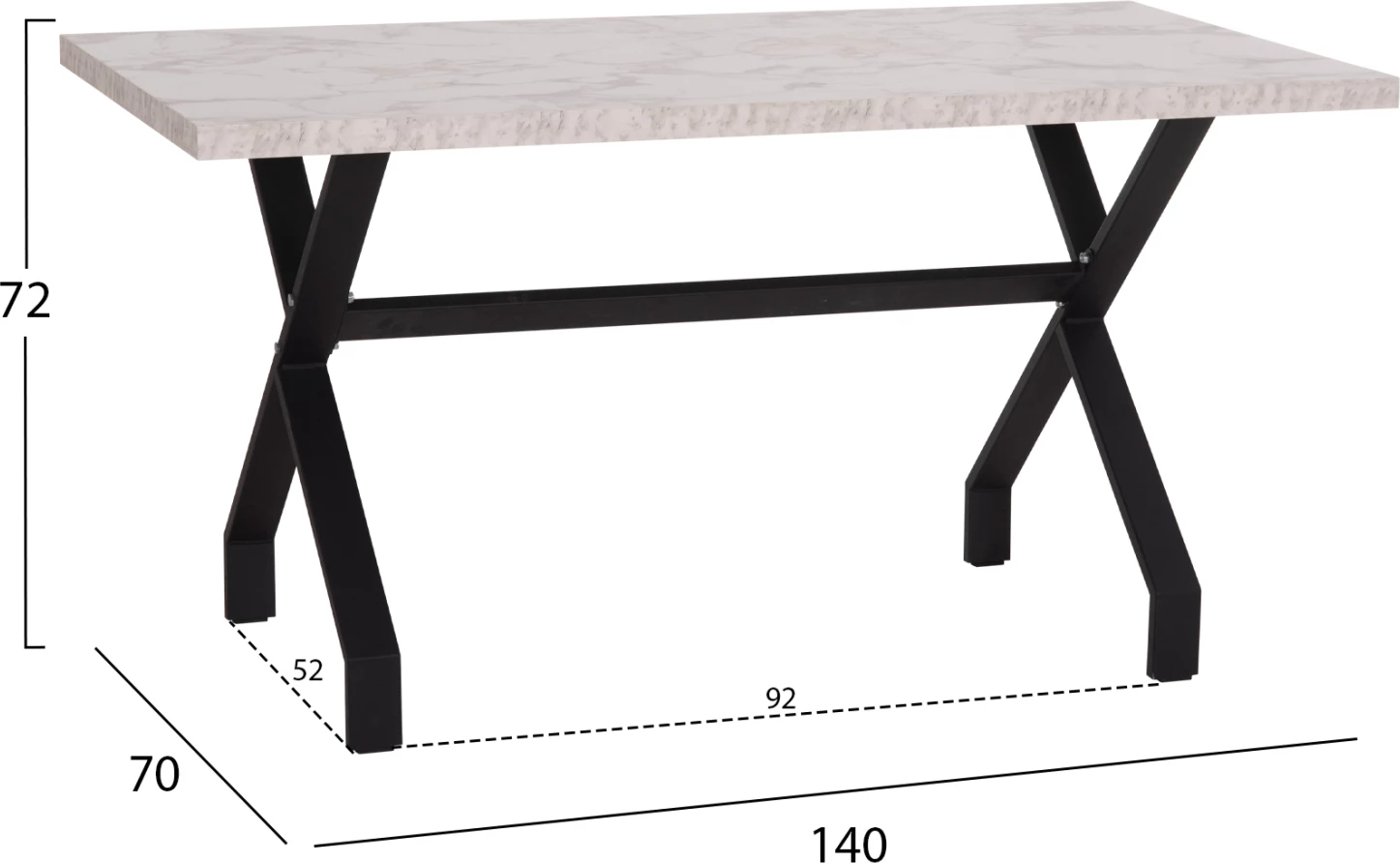 Tavolinë kuzhine LANA, pamje mermeri të bardhë, këmbë metalike të zeza, 140x70x72cm