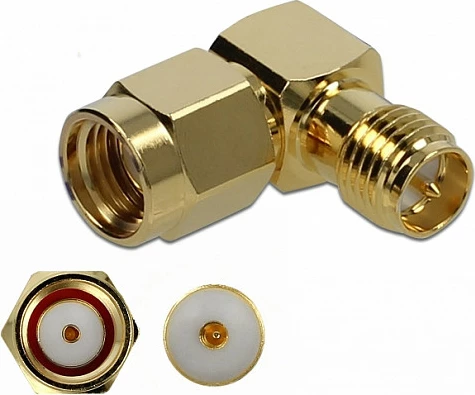 Adapter RF DeLOCK RP-SMA mashkull në RP-SMA femër 90°, 10 GHz, i artë