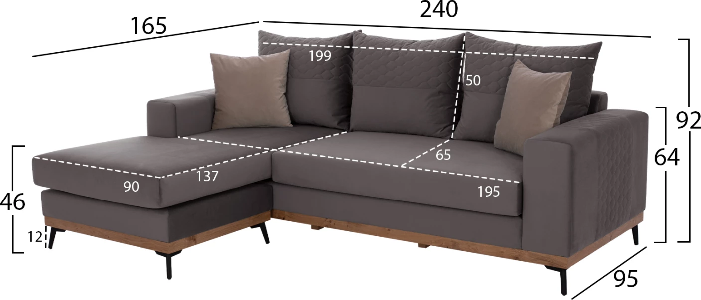 Divan qoshe PORTOFINO, ngjyrë gri, këmbë të larta