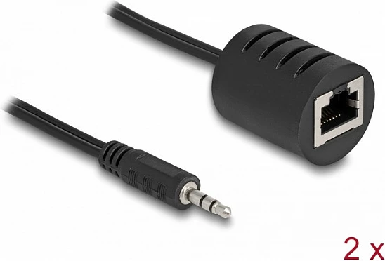 Adapter zgjatues audio stereo DeLOCK RJ45 në 3.5mm, set 2 copë, Cat.5 deri 50 m, i zi