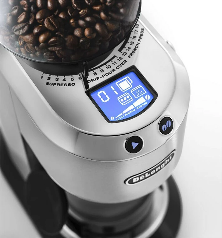 Mulli kafeje DeLonghi Dedica KG521.M, 150W, burr konik, LCD, argjend