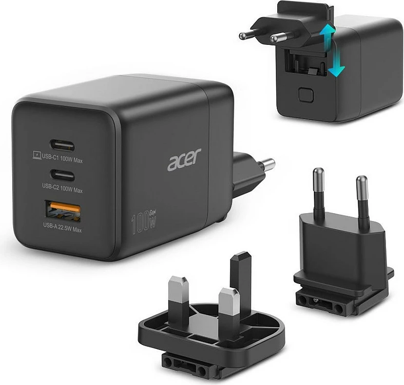 Karikues Acer GaN 100W, 2x USB-C + 1x USB-A, USB PD 3.0, i zi
