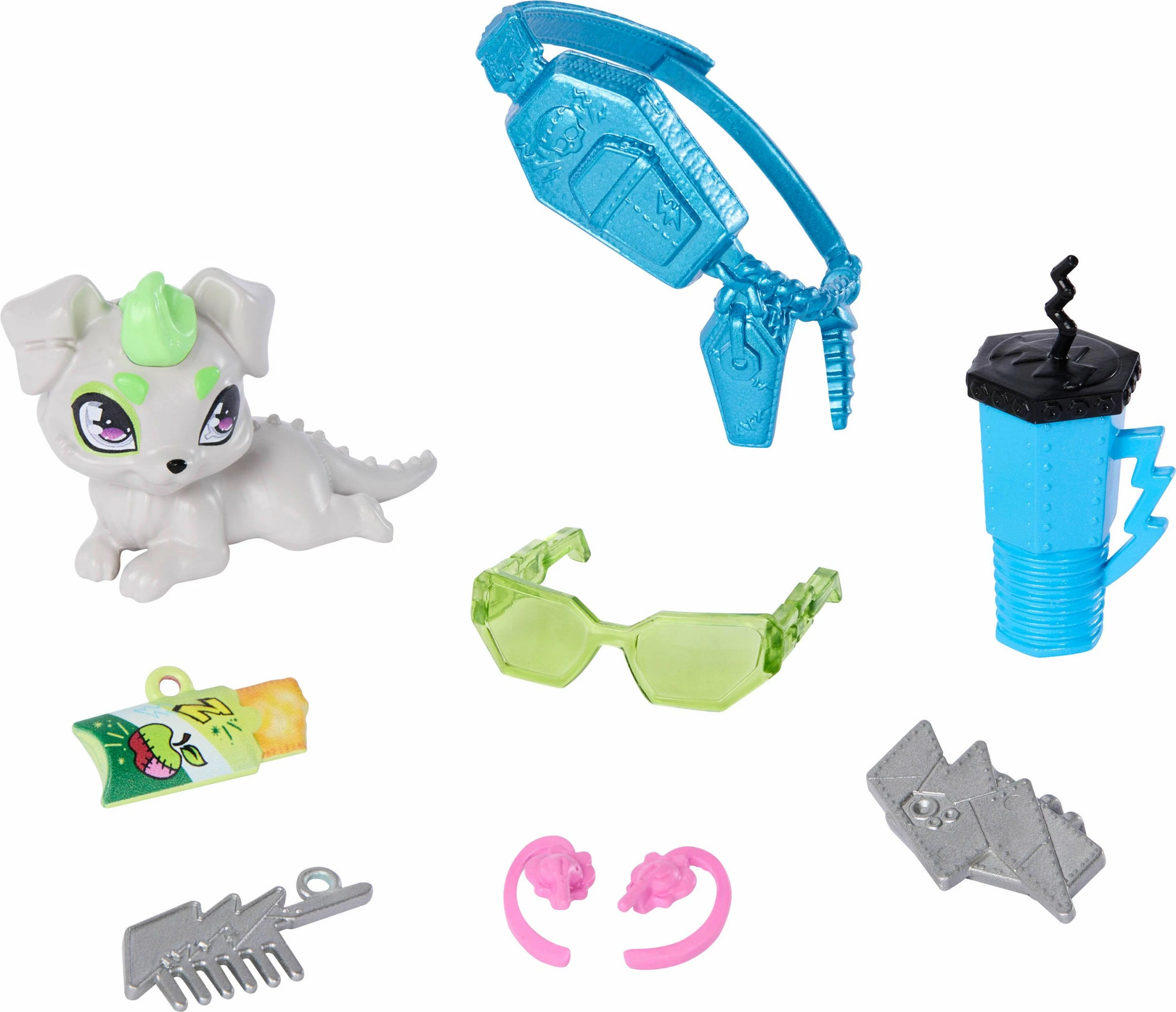 Kukull Mattel Monster High Frankie Stein JHK31, 28.5 cm, me qenush Cotoś dhe aksesorë, shumëngjyrëshe