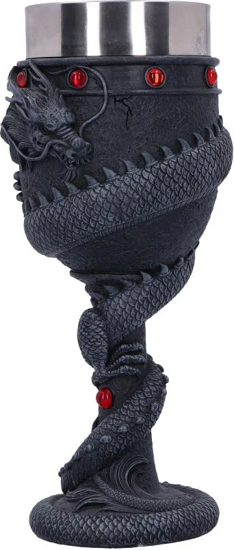 Kalic dekorativ Nemesis Now Dragon Coil 20 cm, resin me insert inox, i zi me detaje të kuqe