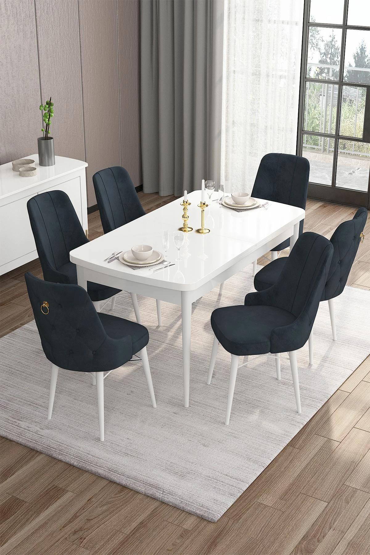 Set tavolinë me karrige për ngrënie, zgjatshme, 7 copë, Skye Decor, e bardhë dhe antracit
