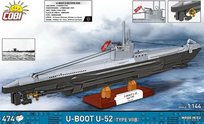 Set blloqesh ndërtimi, Cobi, U-Boat U-52 Type VIIB 4852, 474 elemente, shkallë 1:144, gjatësi 46 cm