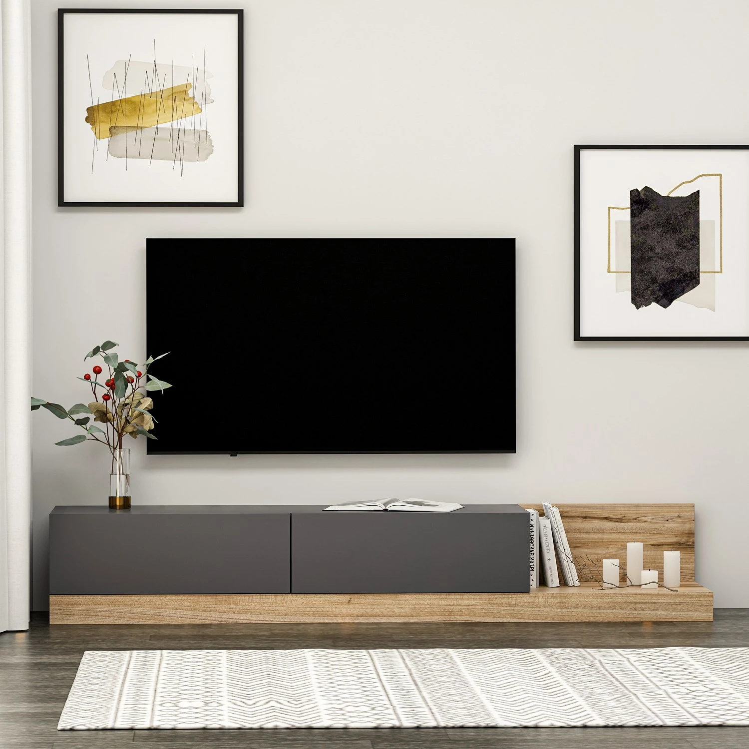 Komodë TV Skye Decor, ngjyrë antracit dhe arre, Majör