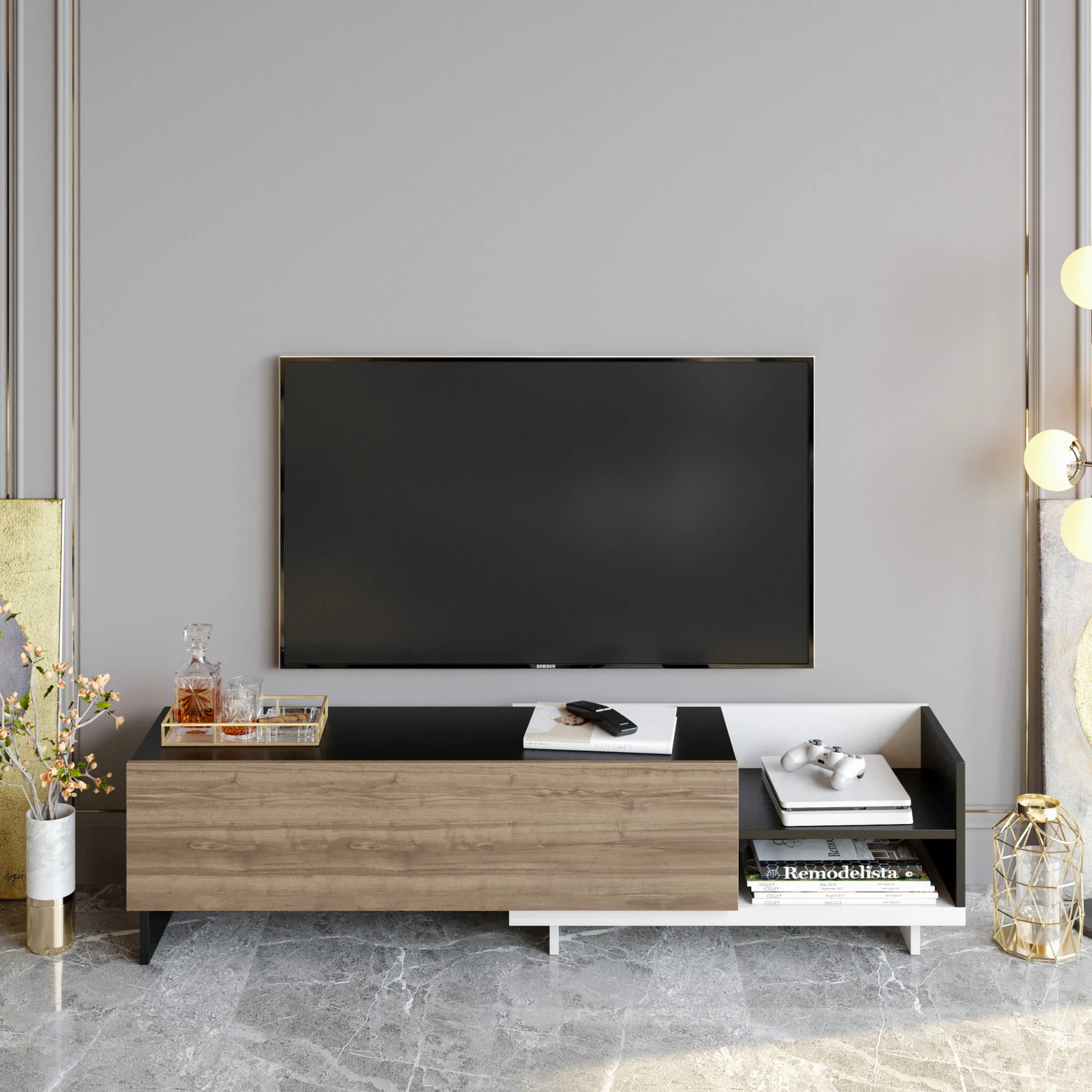 Komodë televizori, stil skandinav, ngjyrë e bardhë, e zezë, arre, Skye Decor, Parion