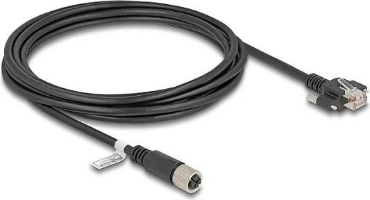 Kabllo DeLOCK M12 X-coded 8-pin (female) në RJ45 (male), Cat6A S/FTP, 3 m, e zezë