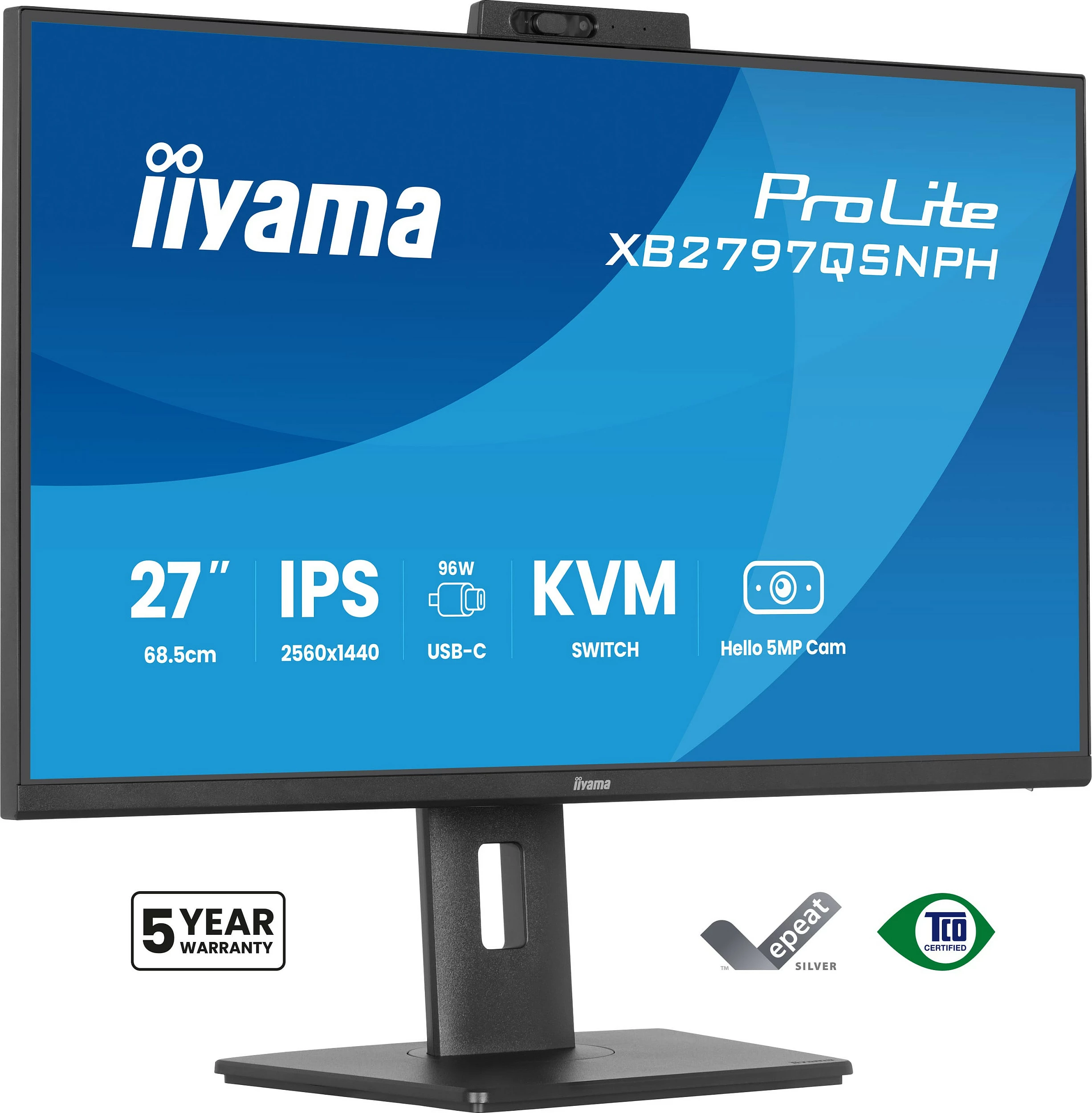 Monitor iiyama ProLite XB2797QSNPH-B1, 27" QHD IPS, 75Hz, 1ms, USB-C 96W, HDMI/DisplayPort, kamerë, i zi