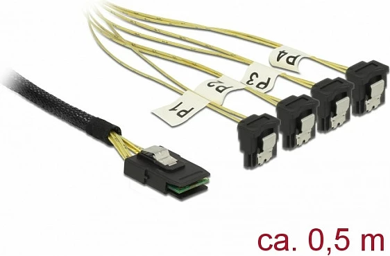 Kabllo Mini SAS DeLOCK 85686, SFF-8087 në 4x SATA, 0.5m, zezë/verdhë