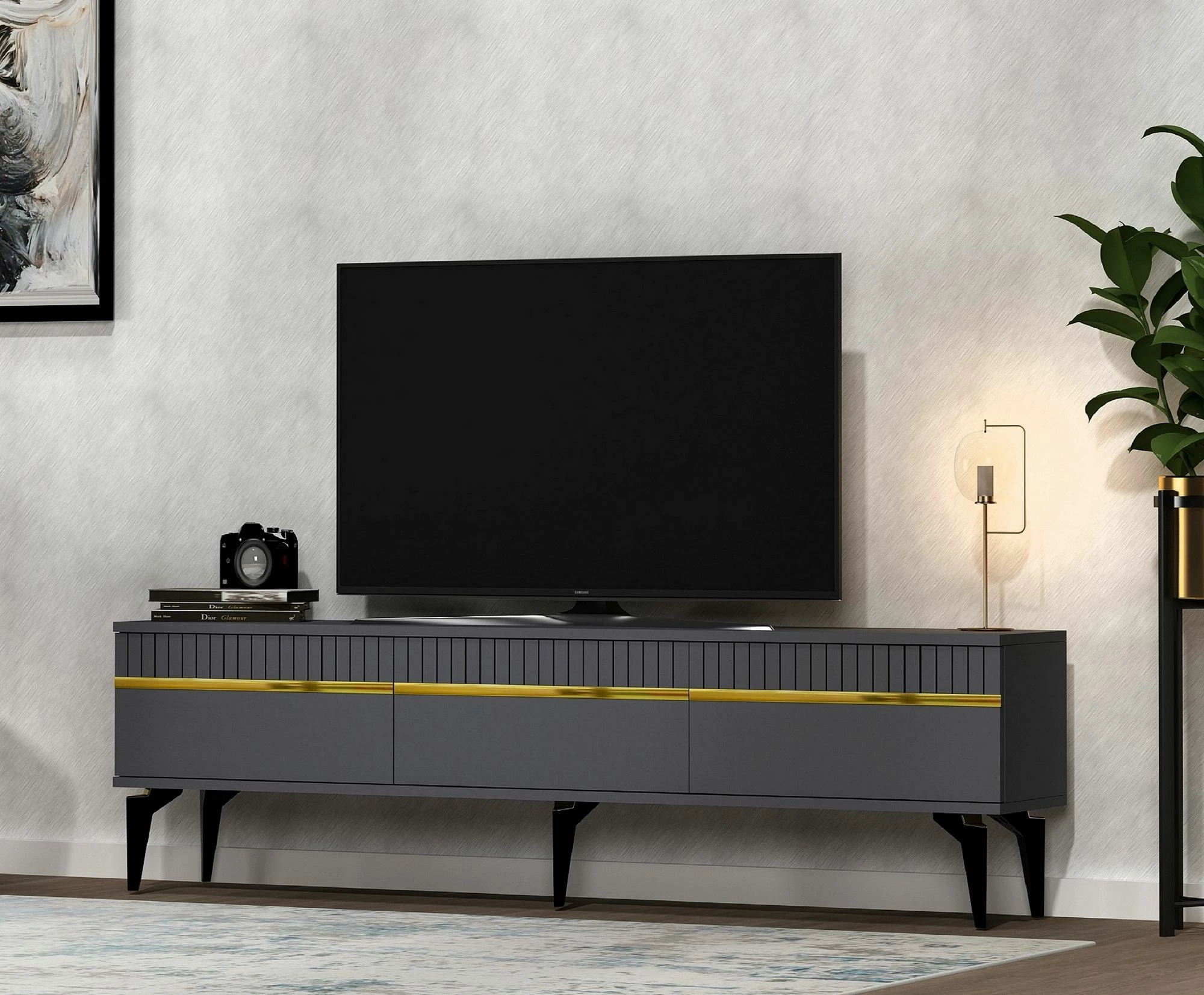 Komodë TV Skye Decor, ngjyrë antracit dhe ari, Defne