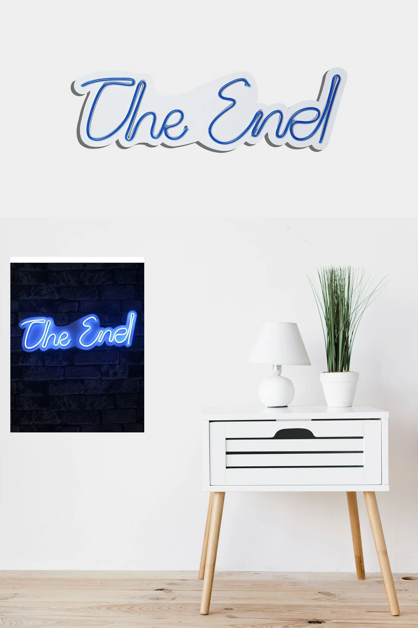 Dekor dritash LED plastike, 'The End', ngjyrë kaltër, 16x50x2cm
