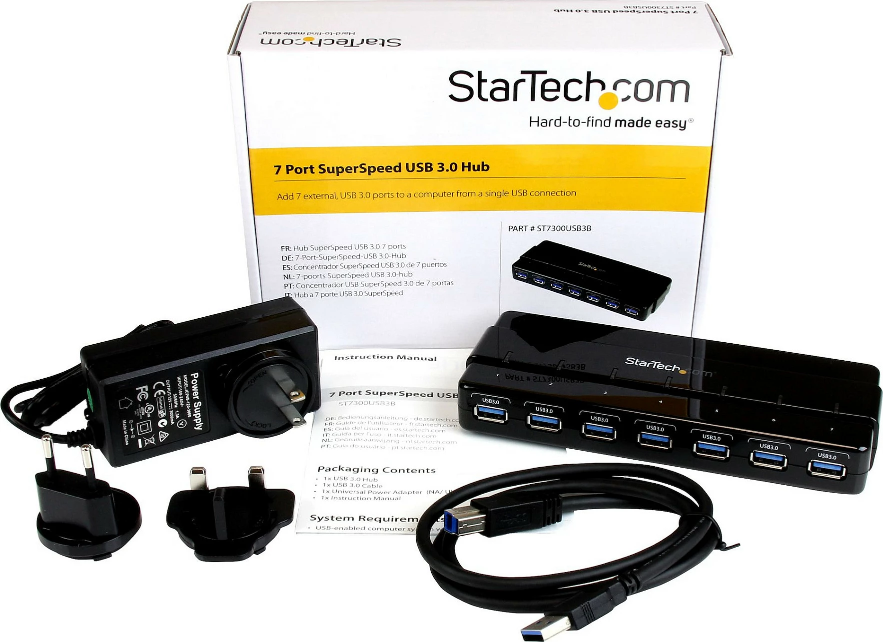 USB hub StarTech ST7300USB3B, 7 porta USB 3.2 Gen 1, 5Gbps, me adapter rryme, i zi