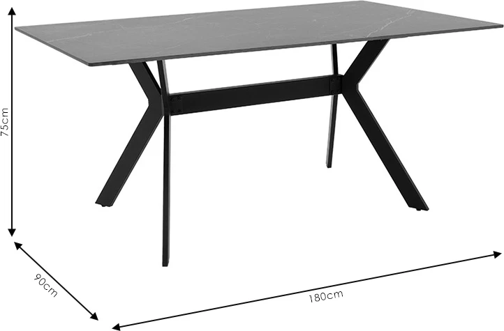 Tavolinë Olivet, gur sintetik, mermer i zi, këmbë metalike, 180x90x75cm