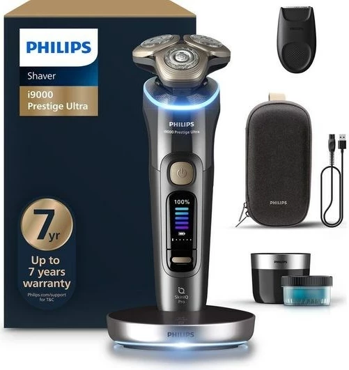 Makinë rroje Philips i9000 Prestige Ultra XP9402/31, SkinIQ Pro, LCD, për të thatë dhe të lagësht, Gri, set me bazë karikimi dhe çantë
