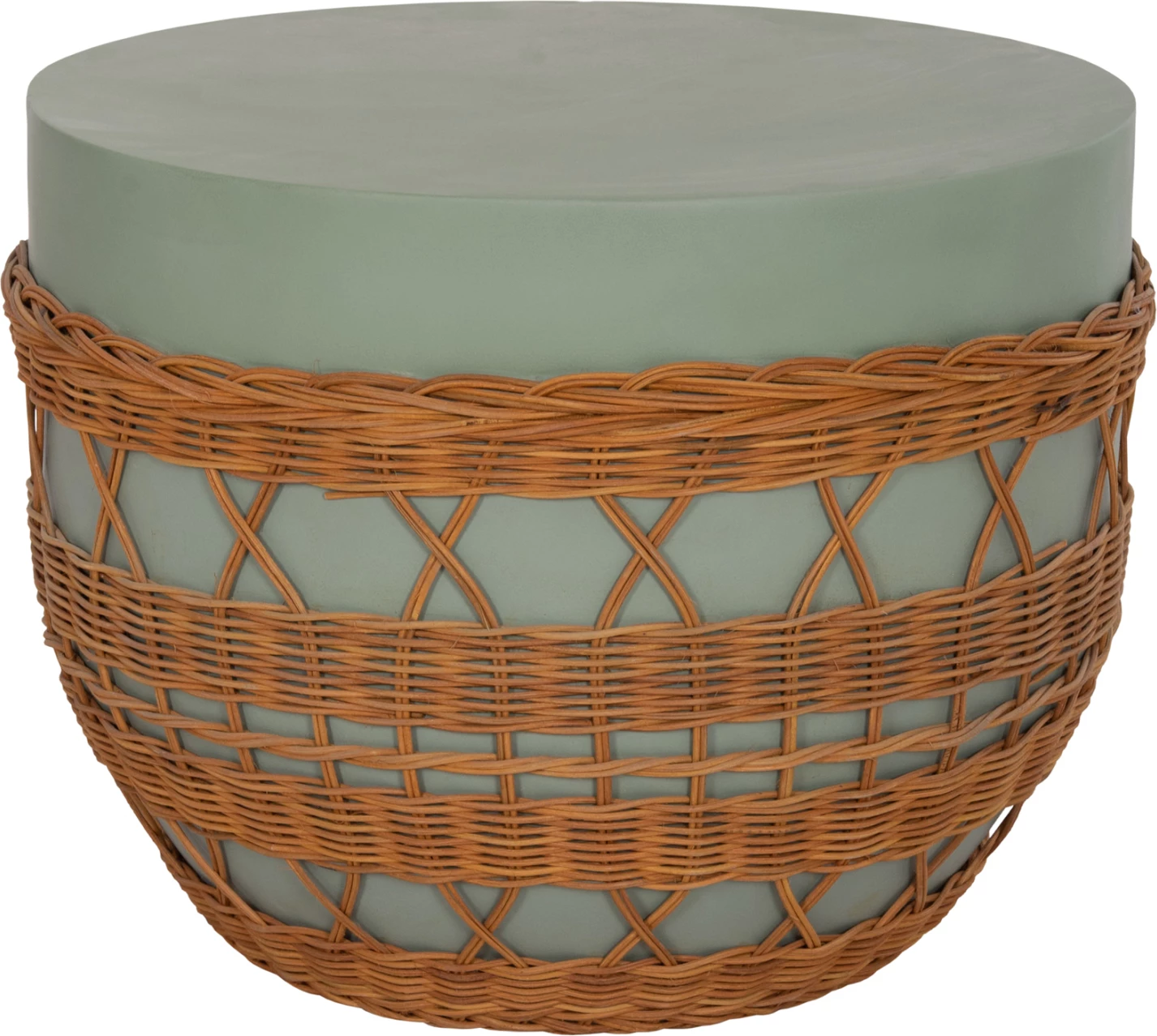 Tavolinë kafeje rrethore VILHENA, fibër-cement, ngjyrë e gjelbër, ratan natyral, FH18165, 56x47cm