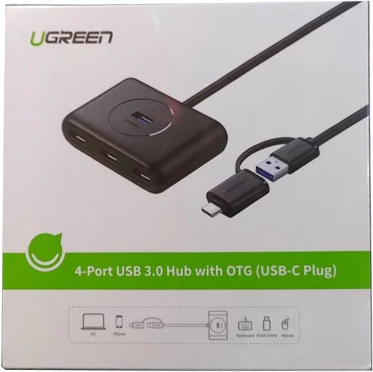 USB 3.0 hub, UGREEN 40850, 4x USB-A, me adapter USB-C 3.1 OTG, kabllo 1m, i zi, në kuti