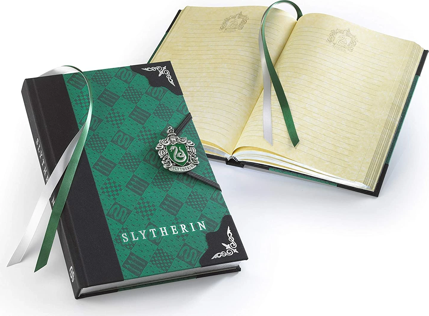 Fletore shënimesh NOBLE COLLECTION Harry Potter Slytherin, me mbyllëse metalike, skaje të argjendta, 2 shirita shënues, e gjelbër/zezë
