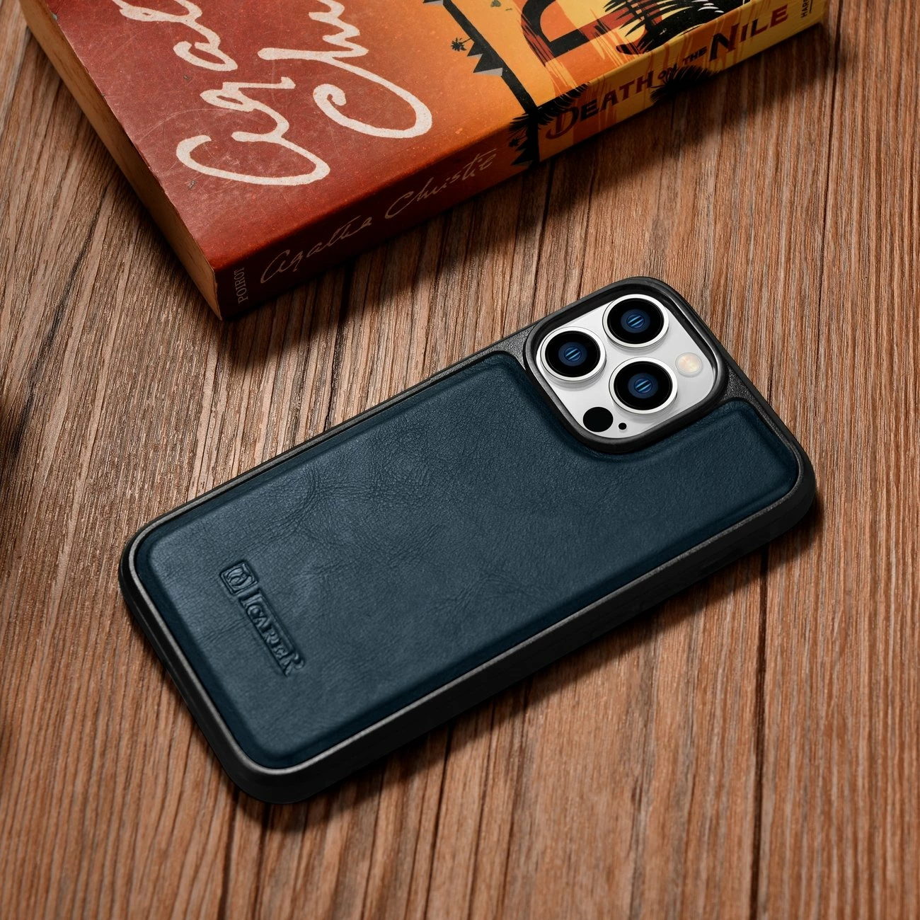 Mbështjellës iCarer për iPhone 14 Pro, lëkurë natyrale, Blu