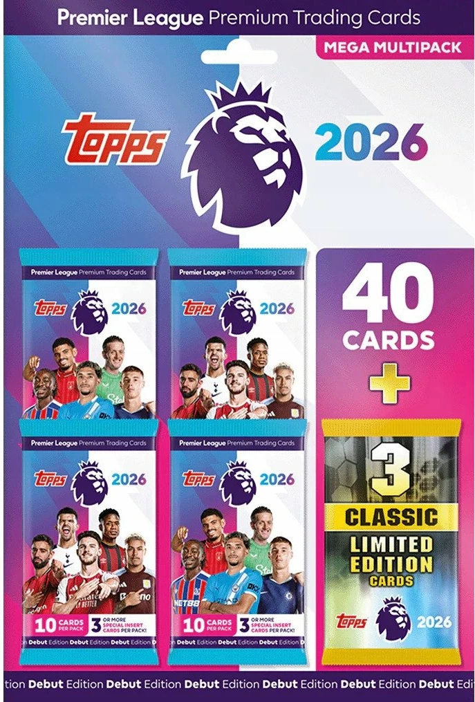 Set kartash koleksionuese TOPPS Premier League 2026 Mega Multipack, 40 karta + 3 Classic Limited Edition